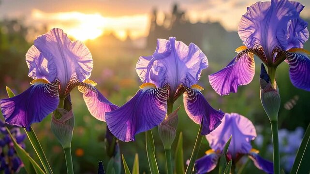 Close Up Purple Iris Flowers with Sunlit Petals and Green Leaves in a Natural Field at Sunset