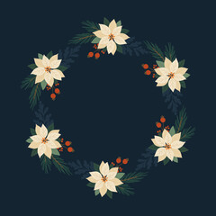 Ramka z białych poinsecji na granatowym tle – świąteczna wektorowa kompozycja.