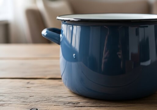 Enamelware cooking pot in blue on aged wooden table, minimalist style