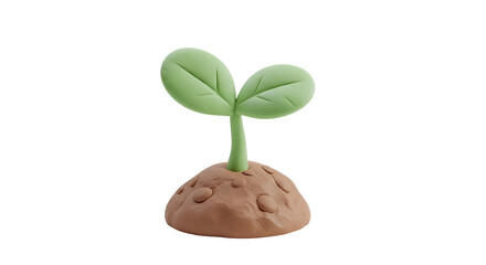A small green seedling sprouting from a brown soil mound, depicted in a cute 3d clay style