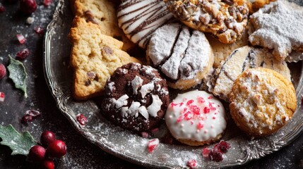 Assorted Christmas Cookies on Silver Plate in Festive Holiday Setting