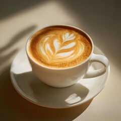 Studio photograph of freshly poured latte with delicate latte art in a white cup and saucer, warm natural light