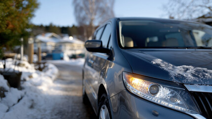 Fototapeta premium A car sits parked on a snowy driveway, capturing the peaceful solitude of winter mornings and the beauty of light snow blanketing a neighborhood.