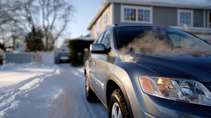 A silver SUV parked outside on a cold winter morning with steam rising from its engine, surrounded by snow-covered ground and a cozy house in the background.