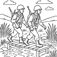 Obraz premium Marching Soldiers on a Bridge: Two soldiers march together across a rustic bridge over a tranquil stream. The scene is marked by a clear sky, and tall, grassy vegetation.