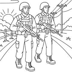 Obraz premium Military patrol on the road: Two resolute soldiers walk the road with rifles in hands, embodying duty and security. The sun sets, painting the sky with the promise of a new dawn.