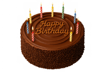 Chocolate birthday cake with happy birthday text and lit colorful candles celebrating a special occasion, transparent background