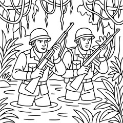 Obraz premium Soldiers in Jungle: Two determined soldiers, clad in uniforms and helmets, navigate a dense jungle setting, rifles at the ready, conveying a sense of duty and the challenges of conflict.