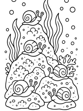 Whimsical Snail Illustration: A charming, hand-drawn illustration featuring a collection of adorable snails exploring a vibrant, underwater scene.