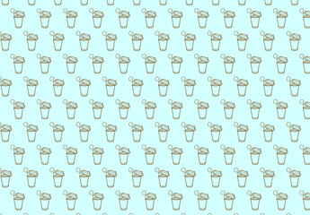 ミニマルなコーヒーカップの線画アイコンを規則的に配置したシームレスパターン背景素材｜カフェやテイクアウトコーヒーを表現した爽やかな水色配色のシンプルデザイン