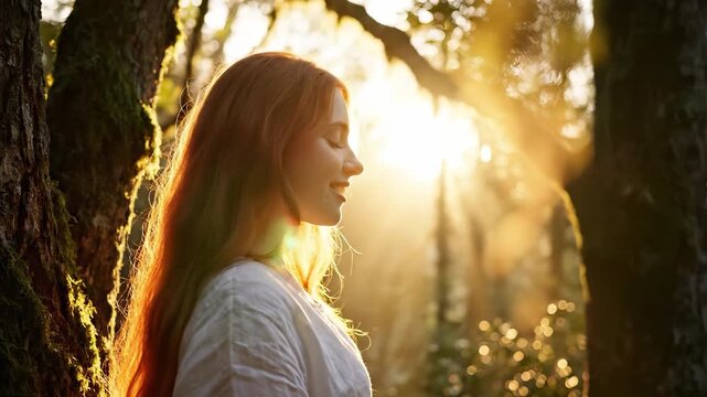 A young woman stands quietly in a forest, absorbing the beauty of the golden sunlight filtering through the trees. The woman enjoys a peaceful moment within nature's serene environ