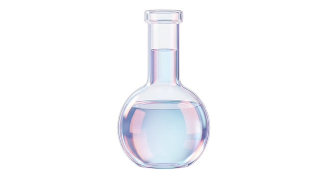 A 3d render of a round bottom flask containing clear liquid against a black background