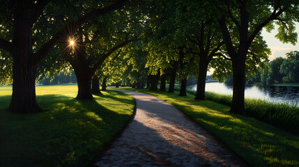 Fototapeta premium Golden hour sunburst illuminates a winding path through a tranquil treelined park.