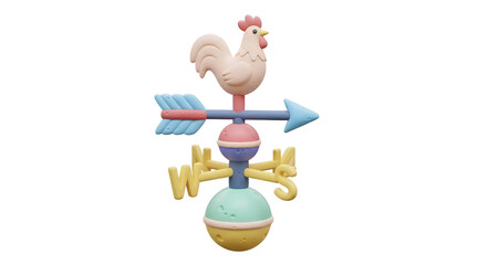 A colorful 3d illustration of a whimsical weather vane with a rooster figure on top