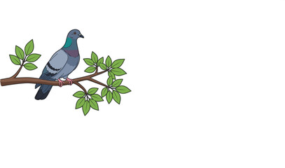 Obraz premium Detailed illustration of a blue-gray pigeon (rock dove) bird, standing on a brown tree branch with vibrant green leaves