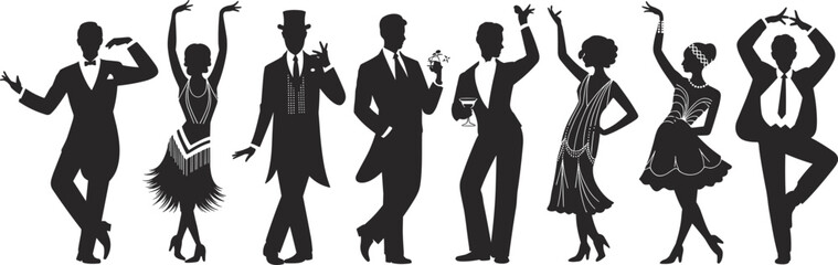 Retro dancers silhouette vector illustration, 1920s vintage fashion people, elegant men and women dancing art, Gatsby party style, flapper era design, classic nightlife concept