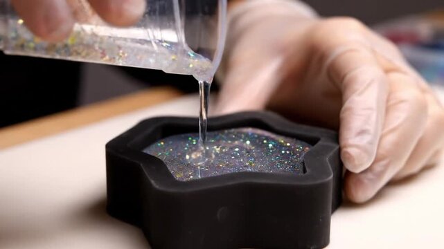Gloved hands pouring sparkling glitter resin into a decorative mold