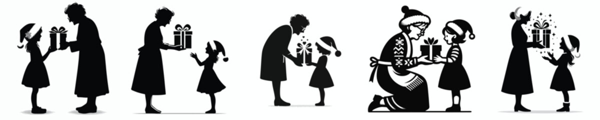 vector of grandmother giving a christmas gift to a grandchild