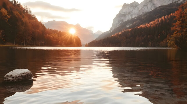 Golden sunset over a serene alpine lake with autumn forests and majestic mountain reflections. - Powered by Adobe