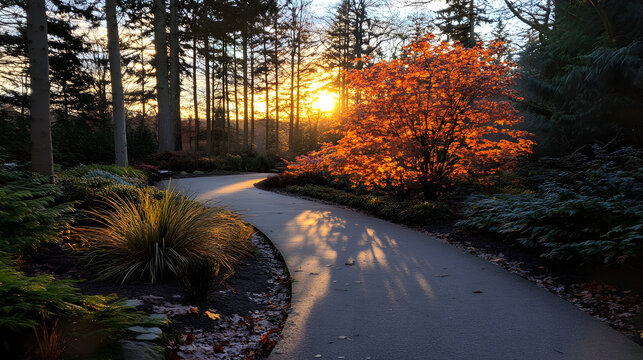 Golden sunset light illuminates a vibrant orange tree and a winding path in a tranquil autumn park.