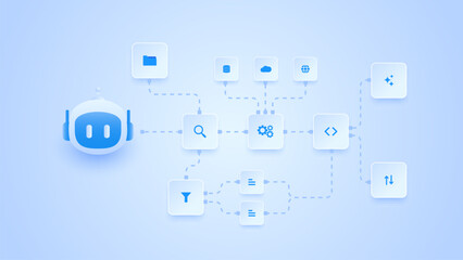Fototapeta premium AI workflow automation artificial intelligence. ai agent network diagram with data sources, filtering, search, coding, automation and cloud integration.
