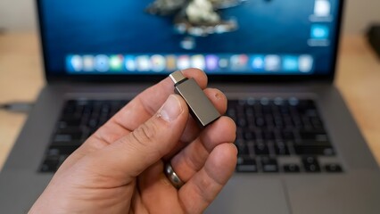 Close-up of USB Flash Drive in Hand with Laptop Background.
