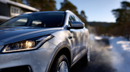 Fototapeta premium The image showcases a dynamic shot of an SUV driving on a snow-covered road, emphasizing its performance capabilities and resilience in a winter landscape.