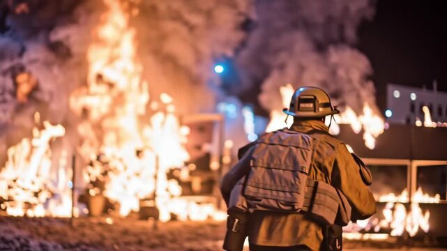 Action shot of man running from car explosion concept. Dynamic dramatic intense movie scene with fire in action blockbuster style.