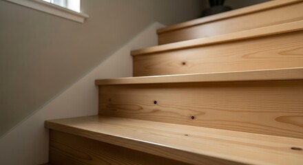 Wooden staircase interior detail with natural light and neutral backdrop