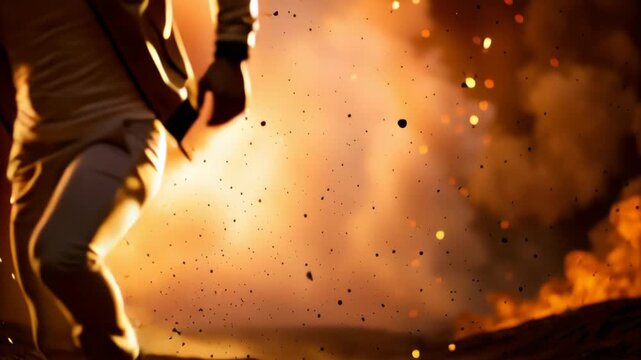 Action shot of man running from car explosion concept. Dynamic dramatic intense scene with action movie fire in blockbuster style.