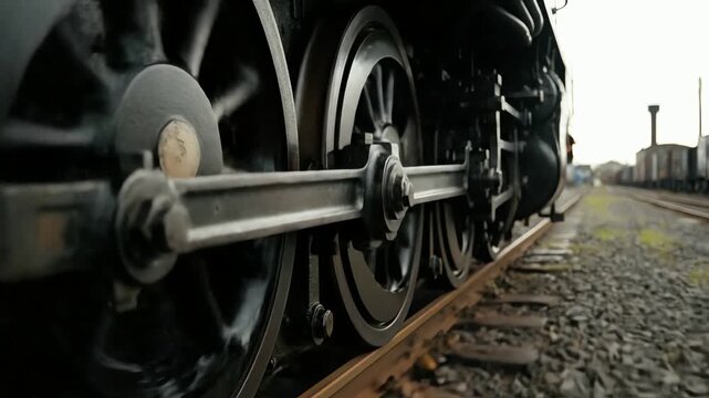 A cinematic close up of a vintage steam locomotive's wheels releasing steam on a railroad track