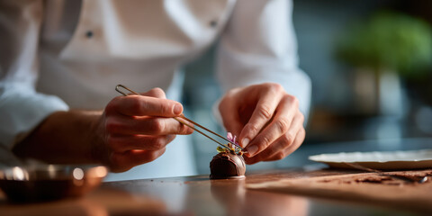 Fototapeta premium Chocolatier placing edible flower on gourmet chocolate truffle with tweezers in kitchen