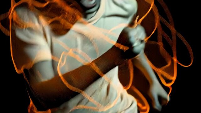 Action shot of man running from car explosion concept. Dynamic intense dramatic scene with action fire in movie blockbuster style.