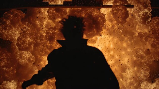 Action shot of man running from car explosion concept. Dynamic intense dramatic movie scene with fire in action blockbuster style.