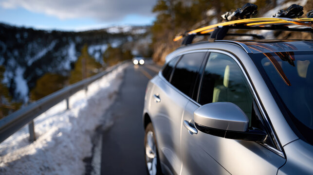 Fototapeta A silver car parked beside a picturesque snowy mountain road exemplifies winter travel's allure, surrounded by stunning natural beauty and inviting scenery.