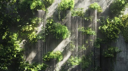 Building facade covered in a vertical garden, lush greenery cascading down, sustainable urban design