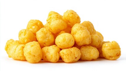 Pile of crunchy corn puffs on white background. Artificial intelligence image