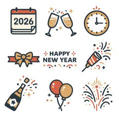 Happy new year celebration with champagne glasses and fireworks