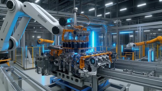 Robotic arm assembling electric vehicle engine parts in a clean modern automotive factory with futuristic blue lighting