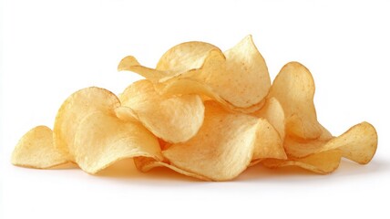 Golden potato chips on white background. Artificial intelligence image