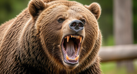 A close-up of a roaring brown bear showing its sharp teeth and open mouth, capturing aggression and raw wildlife power.