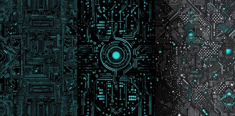 Abstract circuit board panels with glowing teal details and dark backgrounds
