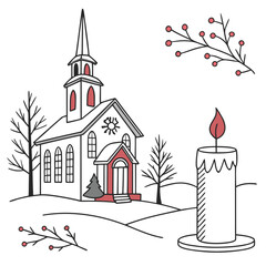 Christmas decorating ideas with a Church, a Christmas tree, and a candle vector design on a white background