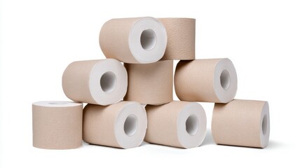 Stack of toilet paper rolls on white background. Artificial intelligence image