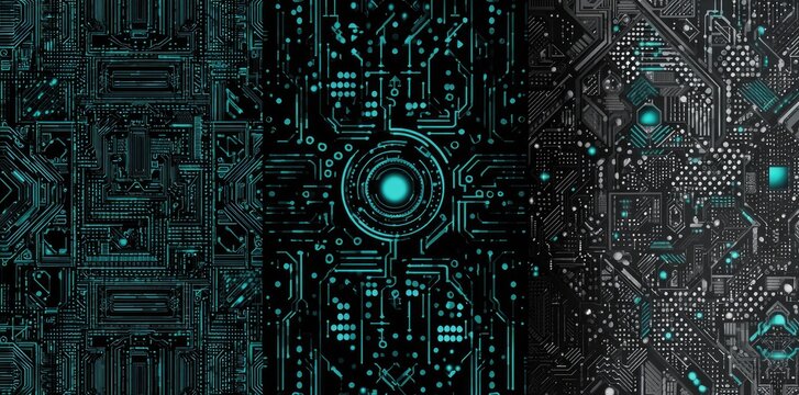 Abstract circuit board panels with glowing teal details and dark backgrounds - Powered by Adobe