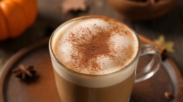 A close-up shot of a delicious pumpkin spice latte in a clear glass mug, topped with frothy milk and cinnamon, surrounded by autumn decorations.