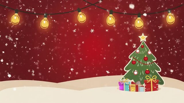 Festive Christmas background with decorated tree, gifts, snow, and string lights.