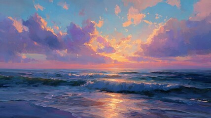 Vibrant ocean sunset with dramatic clouds. Artificial intelligence image