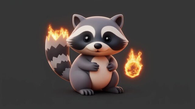 Cute cartoon raccoon with fiery tail and a small floating fireball on a dark background.