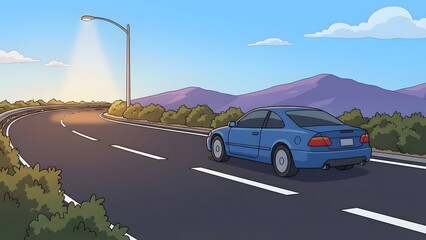 Blue Sedan Driving on Curved Mountain Road.